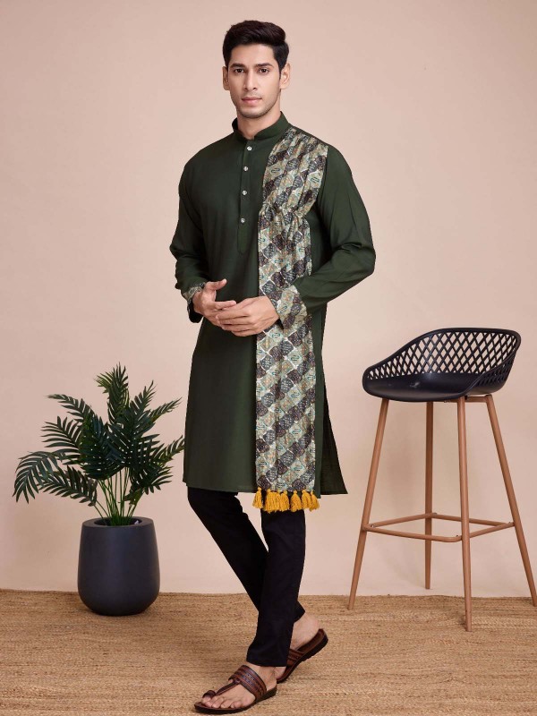 Dark Green Silk Readymade Kurta With Stole